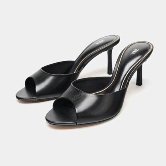 ZARA Leather Peep Toe Black Heel Sandals - Picture 1 of 11
